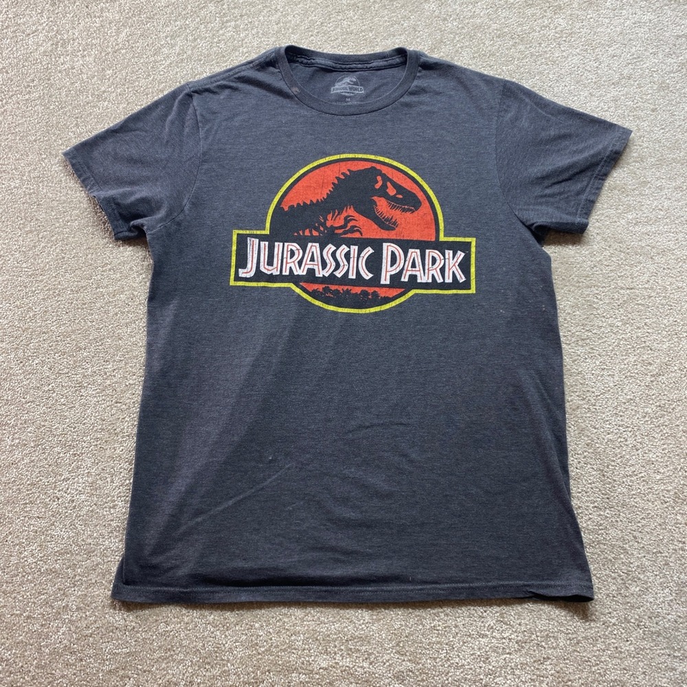 Jurassic Park Shirt Mens Medium Charcoal Gray‎ Dinosaur Logo Graphic Tee